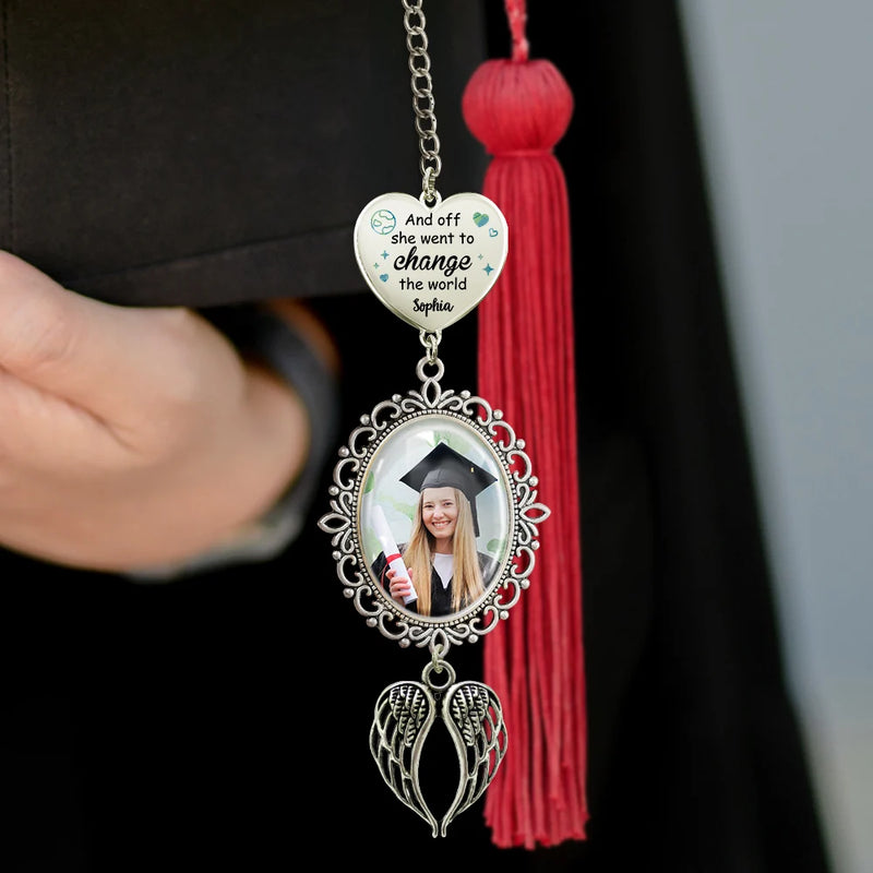 Graduation,Gift For Yourself,Gift For Daughter,Gift For Sisters,Gift For Bestie,Happy,Gift For Son,Gift For Brothers - Custom Photo She Went To Change The World - Personalized Graduation Tassel Charm