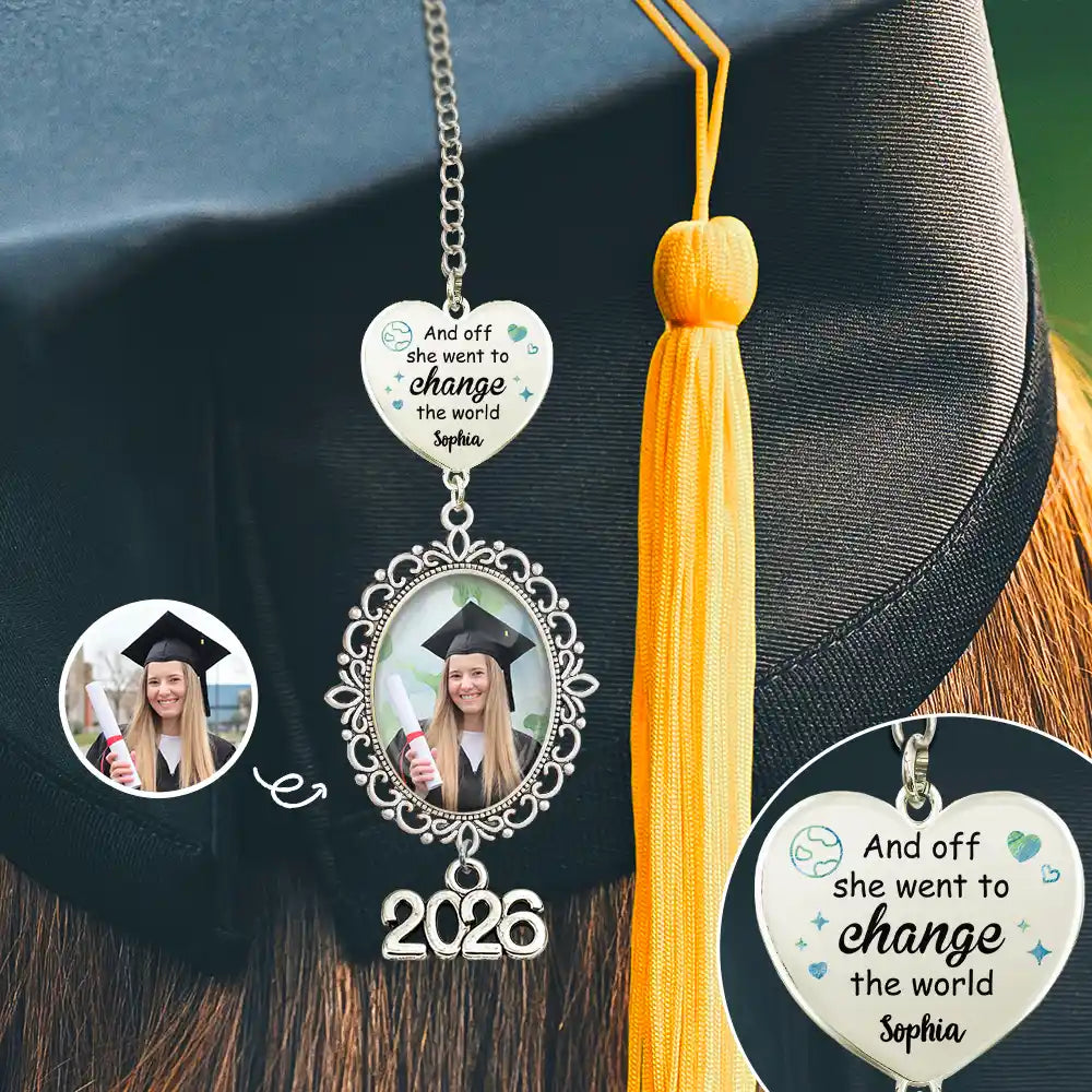 Graduation,Gift For Yourself,Gift For Daughter,Gift For Sisters,Gift For Bestie,Happy,Gift For Son,Gift For Brothers - Custom Photo She Went To Change The World - Personalized Graduation Tassel Charm