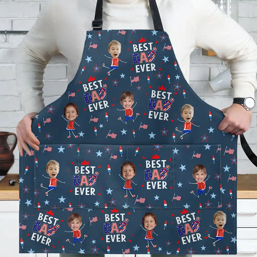 Gift For Mother,Gift For Grandma,Happy,Summer,Gift For Father,Gift For Grandpa,Independence Day,Photo,Icon,Humorous - Custom Photo Stars & Stripes Best Dad Mom Grandpa Grandma Ever - Personalized Apron