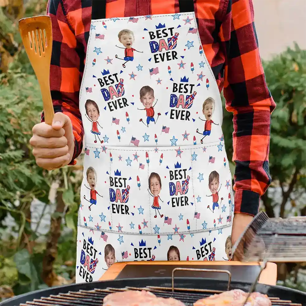 Gift For Mother,Gift For Grandma,Happy,Summer,Gift For Father,Gift For Grandpa,Independence Day,Photo,Icon,Humorous - Custom Photo Stars & Stripes Best Dad Mom Grandpa Grandma Ever - Personalized Apron