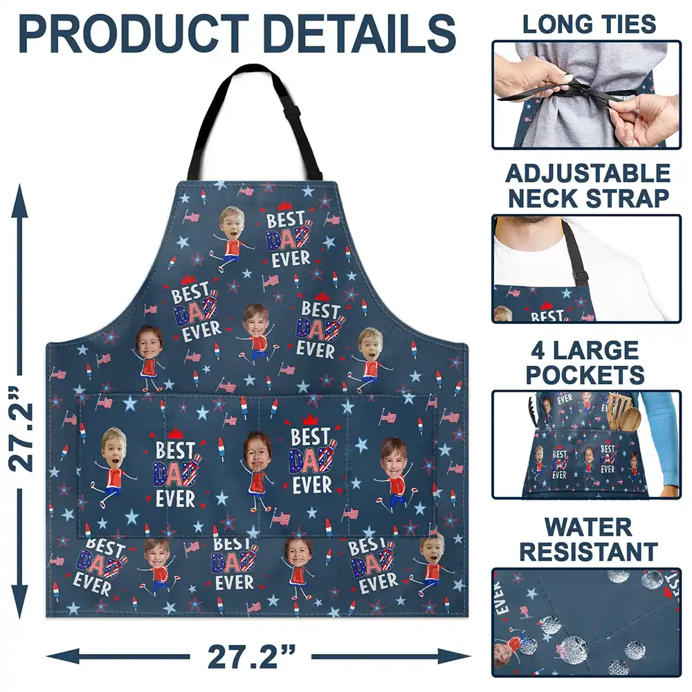 Gift For Mother,Gift For Grandma,Happy,Summer,Gift For Father,Gift For Grandpa,Independence Day,Photo,Icon,Humorous - Custom Photo Stars & Stripes Best Dad Mom Grandpa Grandma Ever - Personalized Apron