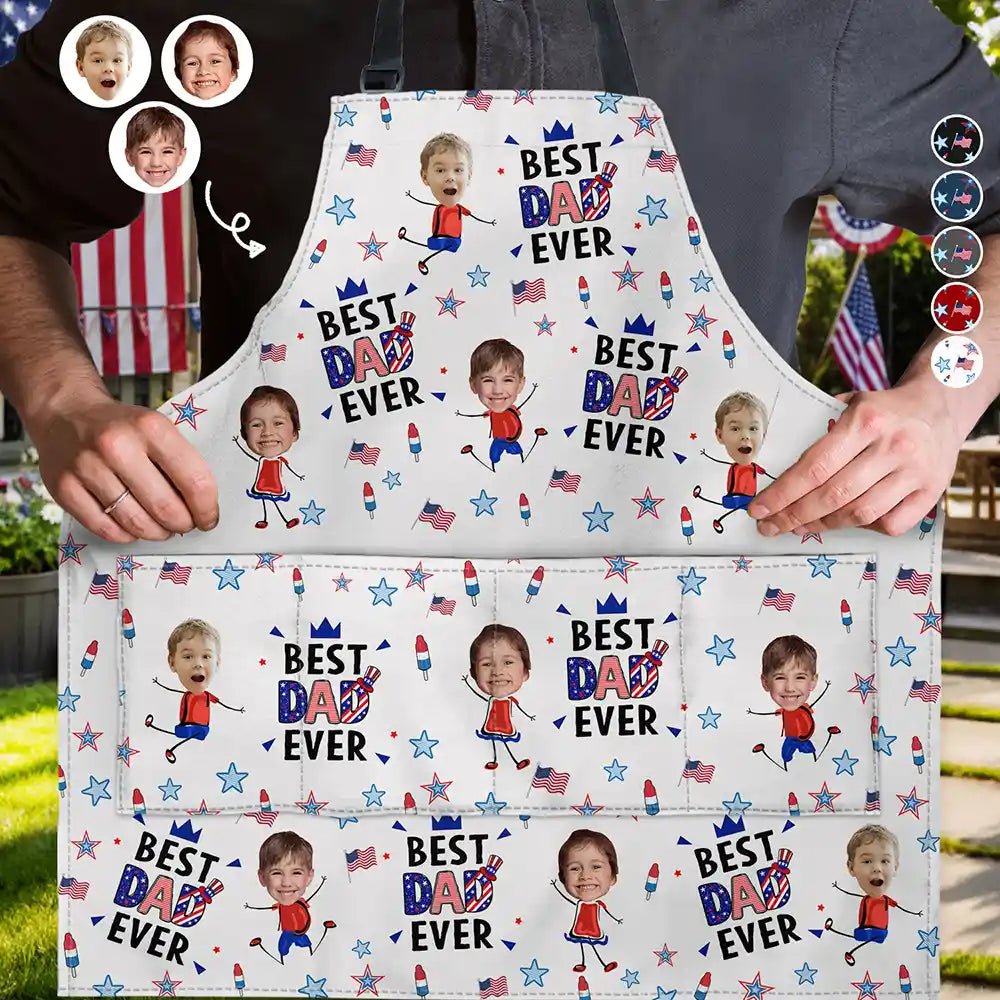 Gift For Mother,Gift For Grandma,Happy,Summer,Gift For Father,Gift For Grandpa,Independence Day,Photo,Icon,Humorous - Custom Photo Stars & Stripes Best Dad Mom Grandpa Grandma Ever - Personalized Apron