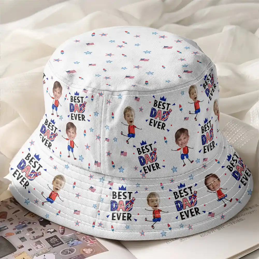 Gift For Mother,Gift For Grandma,Happy,Summer,Gift For Father,Gift For Grandpa,Independence Day,Photo,Icon,Humorous - Custom Photo Stars & Stripes Best Dad Mom Grandpa Grandma Ever - Personalized Bucket Hat