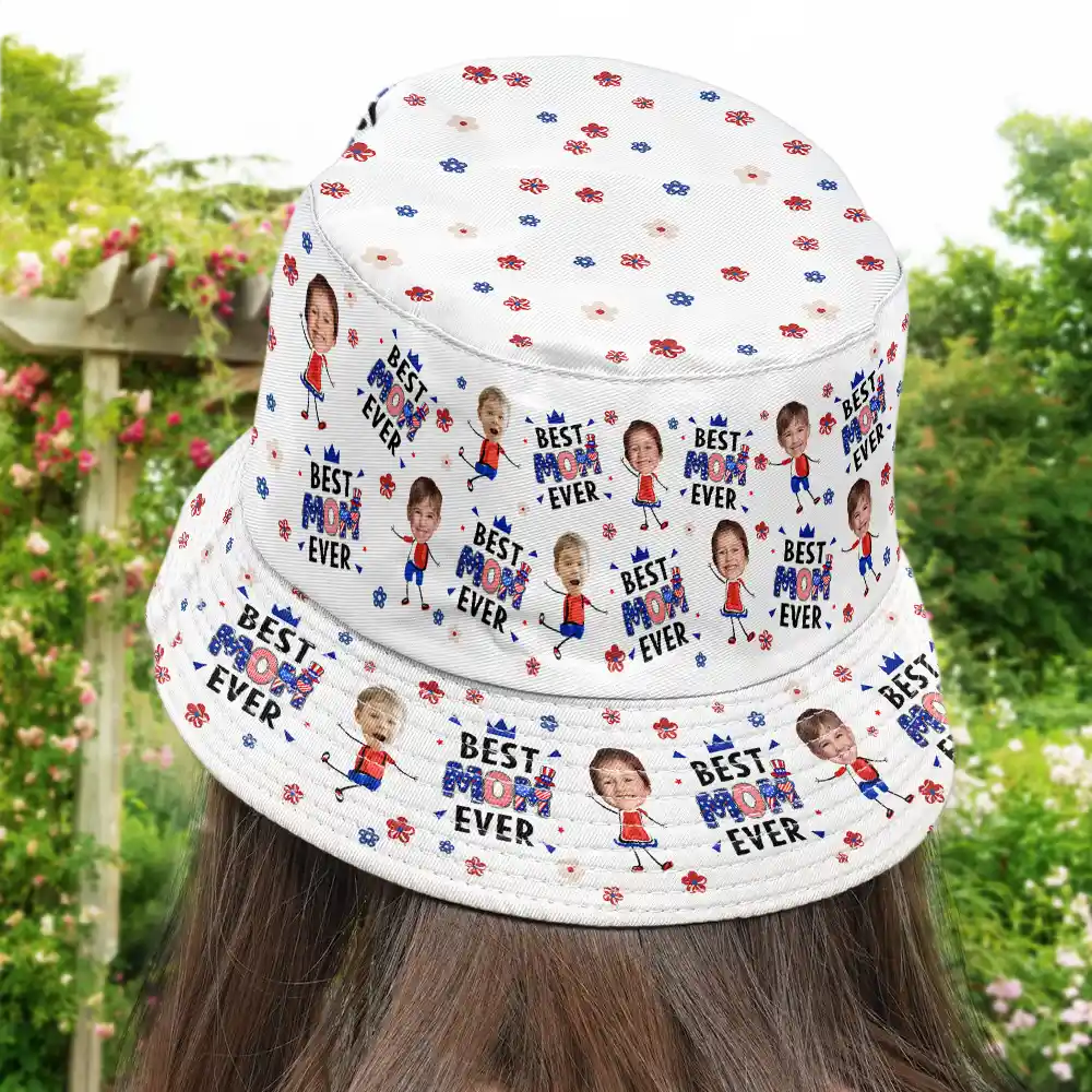 Gift For Mother,Gift For Grandma,Happy,Summer,Gift For Father,Gift For Grandpa,Independence Day,Photo,Icon,Humorous - Custom Photo Stars & Stripes Best Dad Mom Grandpa Grandma Ever - Personalized Bucket Hat