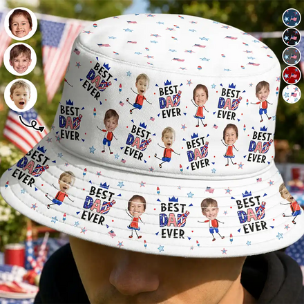 Custom Photo Stars & Stripes Best Dad Mom Grandpa Grandma Ever - Personalized Bucket Hat