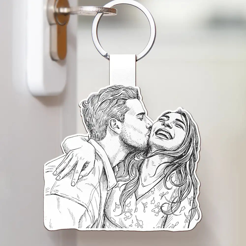 Gift For Couples,Gift For Husband,Gift For Boyfriend,Gift For Yourself,Gift For Women,Gift For Men,Gift For Grandpa,Gift For Father,Pet Lovers,Pet Mom,Pet Dad,Gift For Bestie,Non-Eng,Photo - Pencil Sketch (White BG),Sentimental - Custom Photo Pencil Sketch Art Family Dog Cat Portrait - Personalized Custom Shaped Leather Keychain