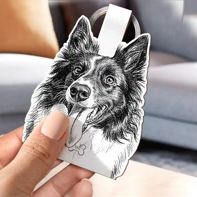 Gift For Couples,Gift For Husband,Gift For Boyfriend,Gift For Yourself,Gift For Women,Gift For Men,Gift For Grandpa,Gift For Father,Pet Lovers,Pet Mom,Pet Dad,Gift For Bestie,Non-Eng,Photo - Pencil Sketch (White BG),Sentimental - Custom Photo Pencil Sketch Art Family Dog Cat Portrait - Personalized Custom Shaped Leather Keychain