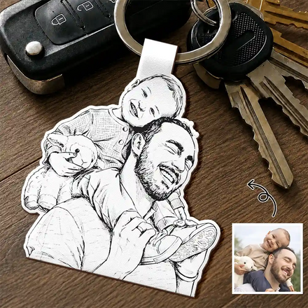 Custom Photo Pencil Sketch Art Family Dog Cat Portrait - Personalized Custom Shaped Leather Keychain