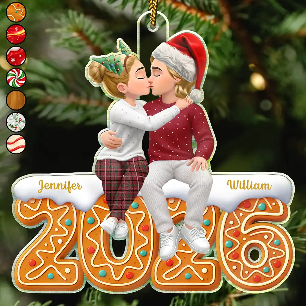 Christmas, Romantic, Gift For Couples, Vector - Couple Romantic Kissing Sitting On Year Anniversary - Personalized Custom Shaped Acrylic Ornament