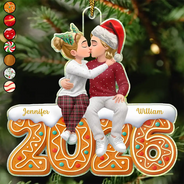 Christmas, Romantic, Gift For Couples, Vector - Couple Romantic Kissing Sitting On Year Anniversary - Personalized Custom Shaped Acrylic Ornament