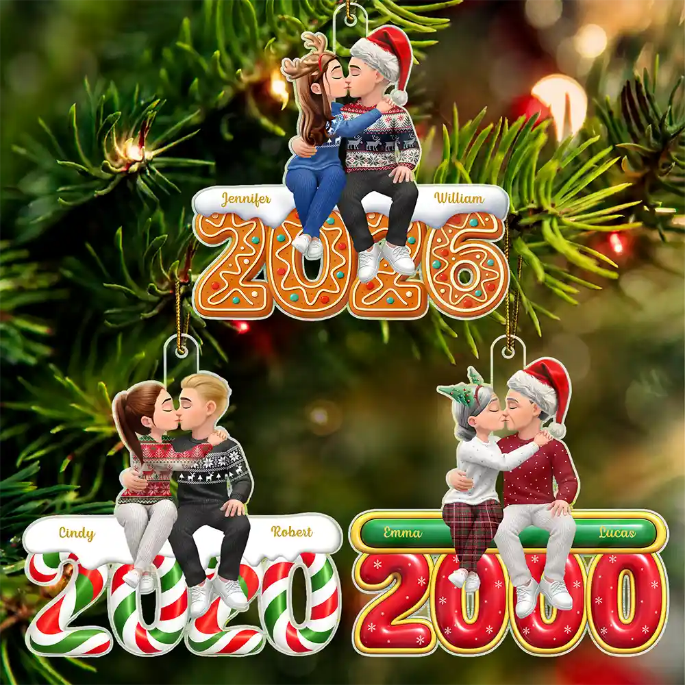 Christmas, Romantic, Gift For Couples, Vector - Couple Romantic Kissing Sitting On Year Anniversary - Personalized Custom Shaped Acrylic Ornament