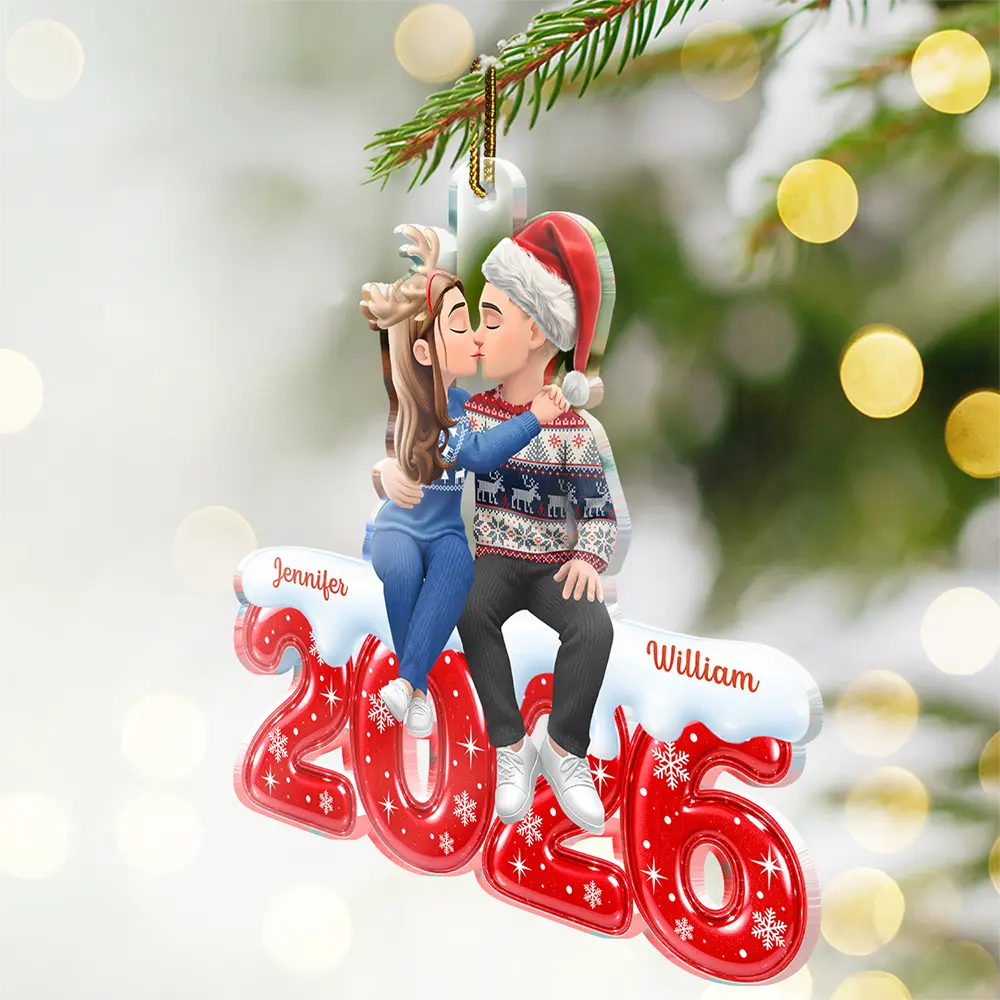 Christmas, Romantic, Gift For Couples, Vector - Couple Romantic Kissing Sitting On Year Anniversary - Personalized Custom Shaped Acrylic Ornament
