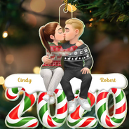Christmas, Romantic, Gift For Couples, Vector - Couple Romantic Kissing Sitting On Year Anniversary - Personalized Custom Shaped Acrylic Ornament