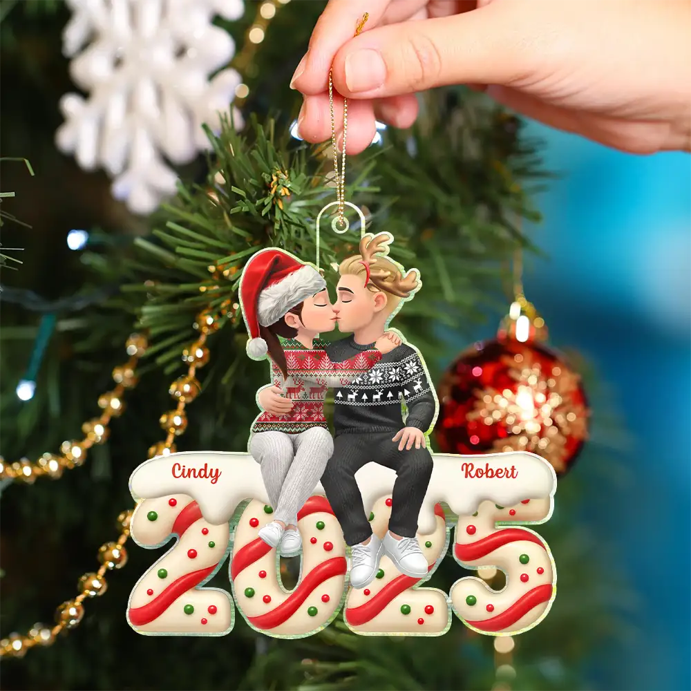 Christmas, Romantic, Gift For Couples, Vector - Couple Romantic Kissing Sitting On Year Anniversary - Personalized Custom Shaped Acrylic Ornament
