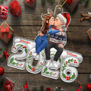 Christmas, Romantic, Gift For Couples, Vector - Couple Romantic Kissing Sitting On Year Anniversary - Personalized Custom Shaped Acrylic Ornament