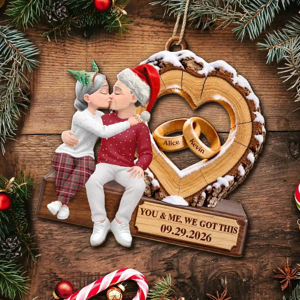Anniversary,Christmas,Gift For Couples,Old Couples,Romantic,Vector - Anniversary Couple Gift - Personalized Romantic Kissing Together Forever Wooden Ornament