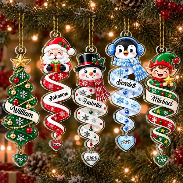 Christmas,Family,Icon,Playful,Top Market - Christmas Gift For Kids Family Friends - Personalized Name & Character Santa Snowman Reindeer Spiral Acrylic Ornament