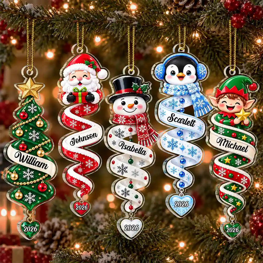 Christmas,Family,Icon,Playful,Top Market - Christmas Gift For Kids Family Friends - Personalized Name & Character Santa Snowman Reindeer Spiral Acrylic Ornament