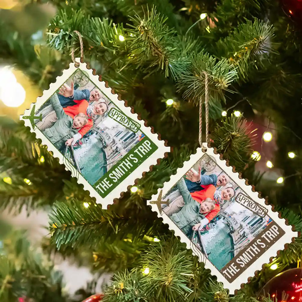 Christmas,Custom Photo,Family,Happy,Top Market,Travel,Upload Full Photo - Family Travel Christmas Gift - Personalized Custom Photo Postage Stamp Wooden Ornament
