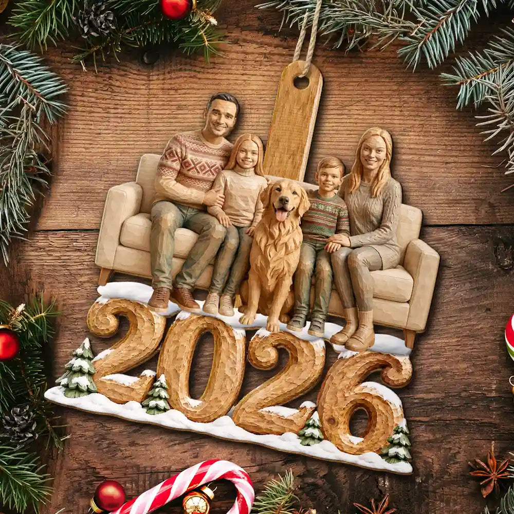 Art Design,Christmas,Custom Photo,Family,Happy,Photo - Wooden Effect - Christmas Gift For Family - Personalized Custom Photo Carving Effect Wooden Ornament
