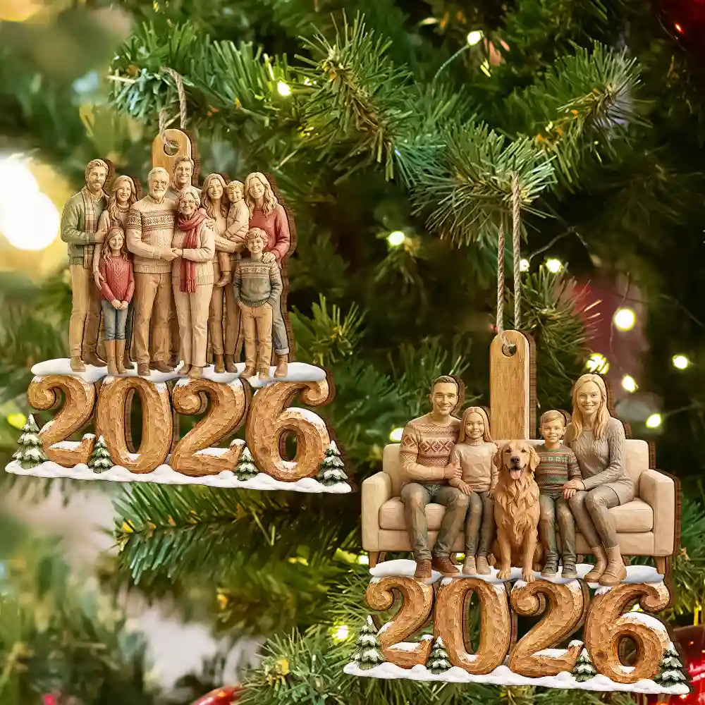 Art Design,Christmas,Custom Photo,Family,Happy,Photo - Wooden Effect - Christmas Gift For Family - Personalized Custom Photo Carving Effect Wooden Ornament