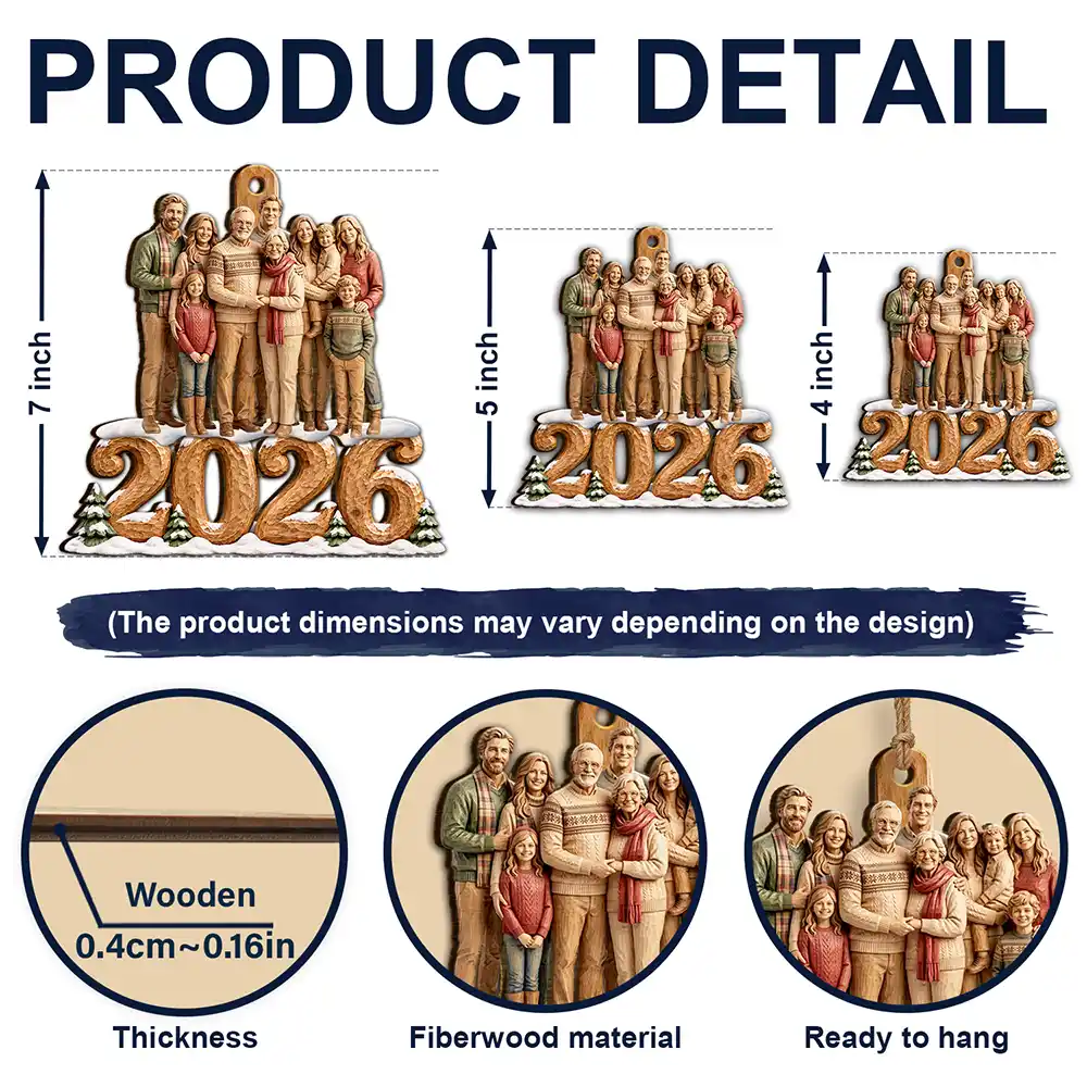 Art Design,Christmas,Custom Photo,Family,Happy,Photo - Wooden Effect - Christmas Gift For Family - Personalized Custom Photo Carving Effect Wooden Ornament