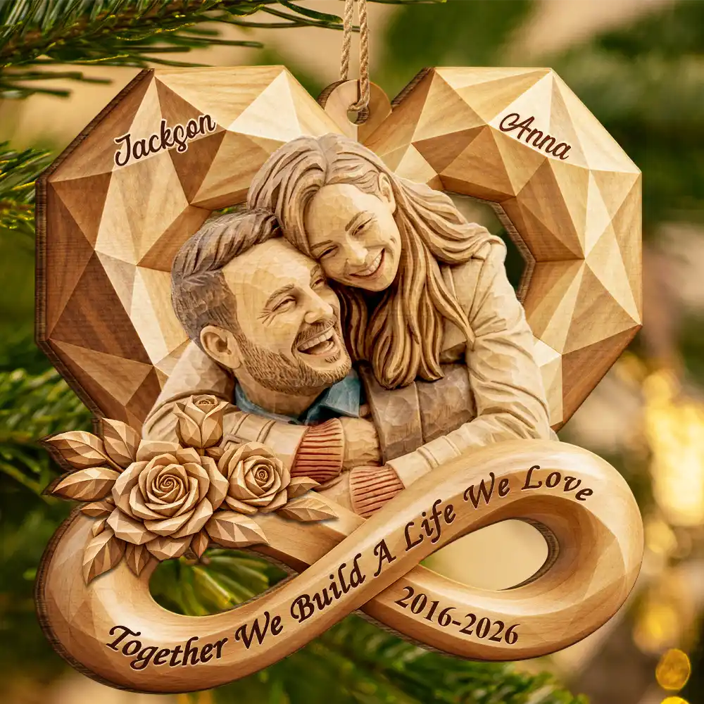 Anniversary,Art Design,Christmas,Custom Photo,Gift For Couples,Old Couples,Photo - Wooden Effect,Romantic - Anniversary Gift For Couples - Personalized Custom Photo Infinity Rose Heart Wooden Ornament