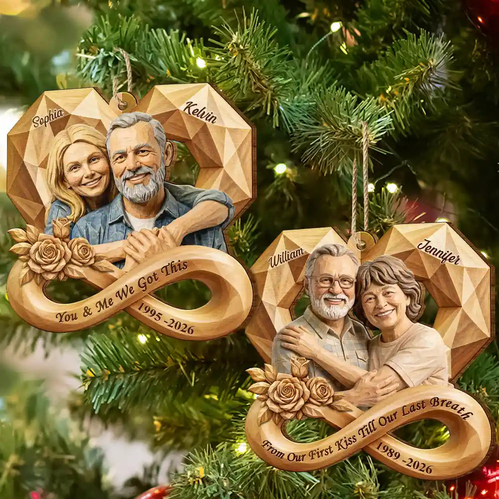 Anniversary,Art Design,Christmas,Custom Photo,Gift For Couples,Old Couples,Photo - Wooden Effect,Romantic - Anniversary Gift For Couples - Personalized Custom Photo Infinity Rose Heart Wooden Ornament