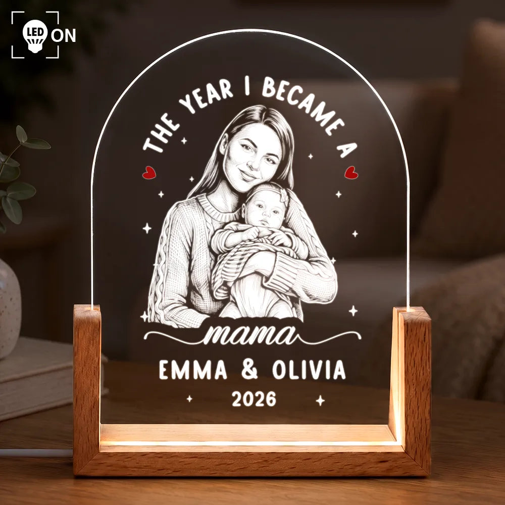 Art Design, Christmas, Custom Photo, First Christmas, Gift For Mother, Gifts For Her, Happy, New Baby, New Mom, Photo - Pencil Sketch - Dark BG - Gift For New Mom - Personalized Custom Photo Pencil Sketch The Year I Became A Mama Night Light