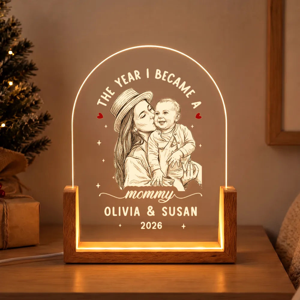 Art Design, Christmas, Custom Photo, First Christmas, Gift For Mother, Gifts For Her, Happy, New Baby, New Mom, Photo - Pencil Sketch - Dark BG - Gift For New Mom - Personalized Custom Photo Pencil Sketch The Year I Became A Mama Night Light