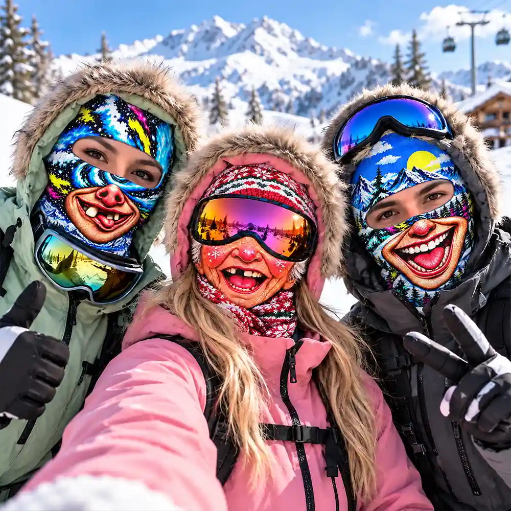 Christmas,Humorous,Icon,Skiing - Winter Skiing Gag Gift For Friends - Personalized Bold Illustration, Rave Art, 3D Realistic Funny Face Balaclava Face Mask