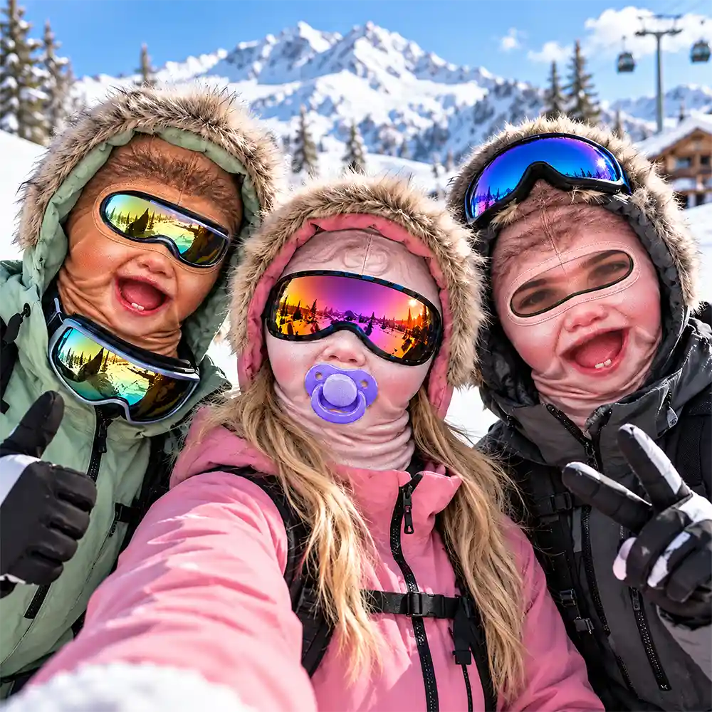 Christmas,Humorous,Icon,Skiing,Top Market - Winter Skiing Gag Gift For Friends, Matching Gear For Couple - Personalized 3D Realistic Funny Baby Face Balaclava Face Mask