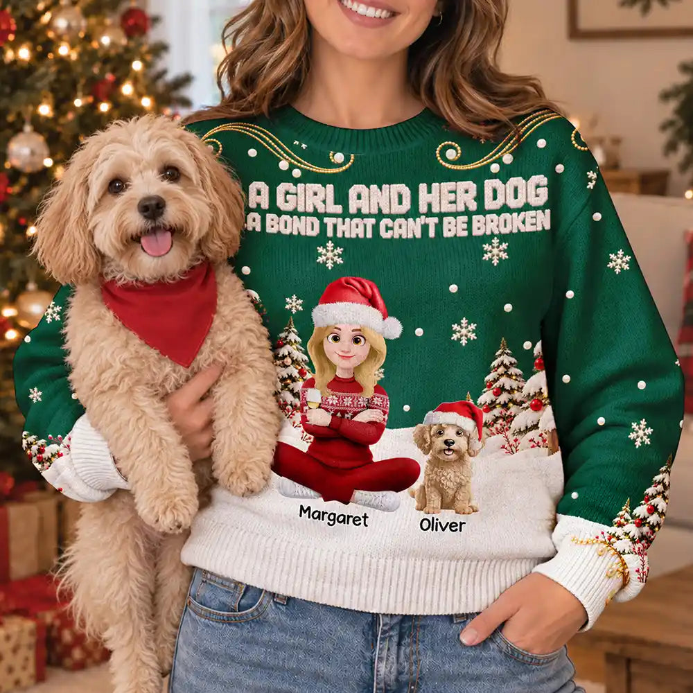 Christmas,Dog Lovers,Happy,Pet Lovers,Vector - Christmas Gift For Dog Lovers - Personalized Cartoon A Girl And Her Dog Unisex Ugly Sweater