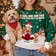Christmas,Dog Lovers,Happy,Pet Lovers,Vector - Christmas Gift For Dog Lovers - Personalized Cartoon A Girl And Her Dog Unisex Ugly Sweater