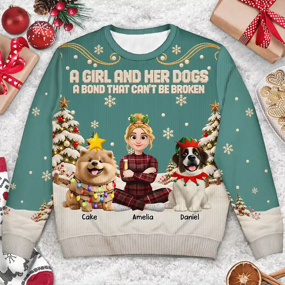Christmas,Dog Lovers,Happy,Pet Lovers,Vector - Christmas Gift For Dog Lovers - Personalized Cartoon A Girl And Her Dog Unisex Ugly Sweater