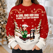 Christmas,Dog Lovers,Happy,Pet Lovers,Vector - Christmas Gift For Dog Lovers - Personalized Cartoon A Girl And Her Dog Unisex Ugly Sweater