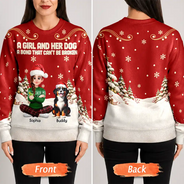 Christmas,Dog Lovers,Happy,Pet Lovers,Vector - Christmas Gift For Dog Lovers - Personalized Cartoon A Girl And Her Dog Unisex Ugly Sweater