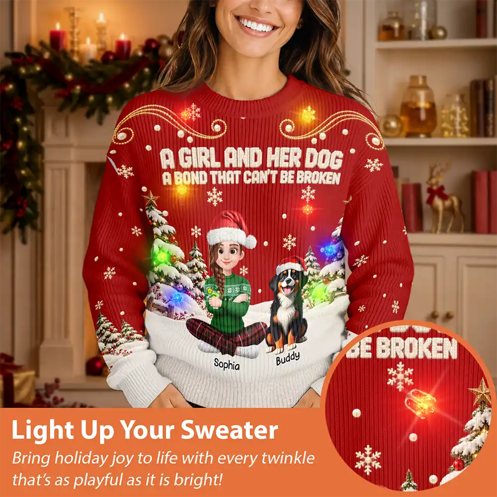 Christmas,Dog Lovers,Happy,Pet Lovers,Vector - Christmas Gift For Dog Lovers - Personalized Cartoon A Girl And Her Dog Unisex Ugly Sweater