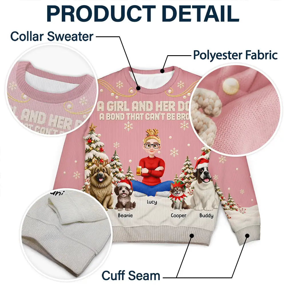 Christmas,Dog Lovers,Happy,Pet Lovers,Vector - Christmas Gift For Dog Lovers - Personalized Cartoon A Girl And Her Dog Unisex Ugly Sweater
