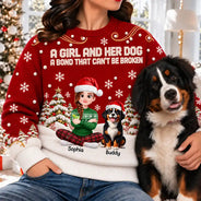 Christmas,Dog Lovers,Happy,Pet Lovers,Vector - Christmas Gift For Dog Lovers - Personalized Cartoon A Girl And Her Dog Unisex Ugly Sweater