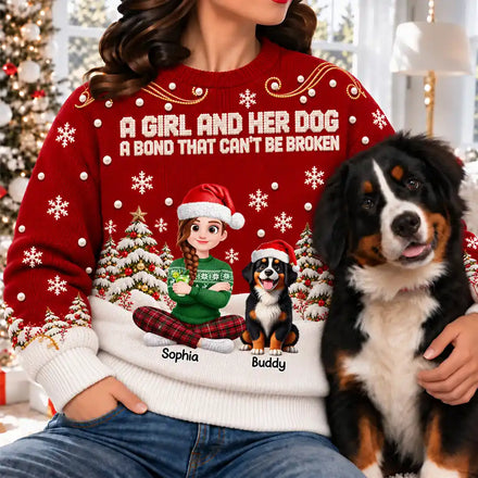 Christmas Gift For Dog Lovers - Personalized Cartoon A Girl And Her Dog Unisex Ugly Sweater