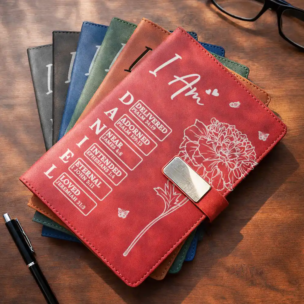 Christian,Christianity,Devoted,Gift For Women,Gift For Yourself,Gifts For Her,Icon,Top Market - Christian Birthday Gift For Her - Personalized Name And Birth Flower God Says I Am Bible Verse Leather Notebook Set
