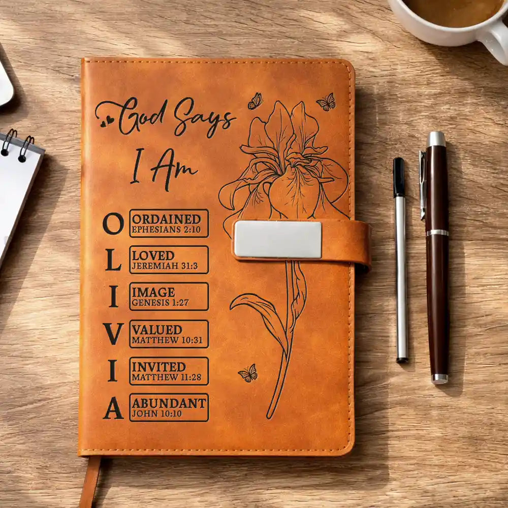 Christian,Christianity,Devoted,Gift For Women,Gift For Yourself,Gifts For Her,Icon,Top Market - Christian Birthday Gift For Her - Personalized Name And Birth Flower God Says I Am Bible Verse Leather Notebook Set