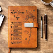 Christian,Christianity,Devoted,Gift For Women,Gift For Yourself,Gifts For Her,Icon,Top Market - Christian Birthday Gift For Her - Personalized Name And Birth Flower God Says I Am Bible Verse Leather Notebook Set