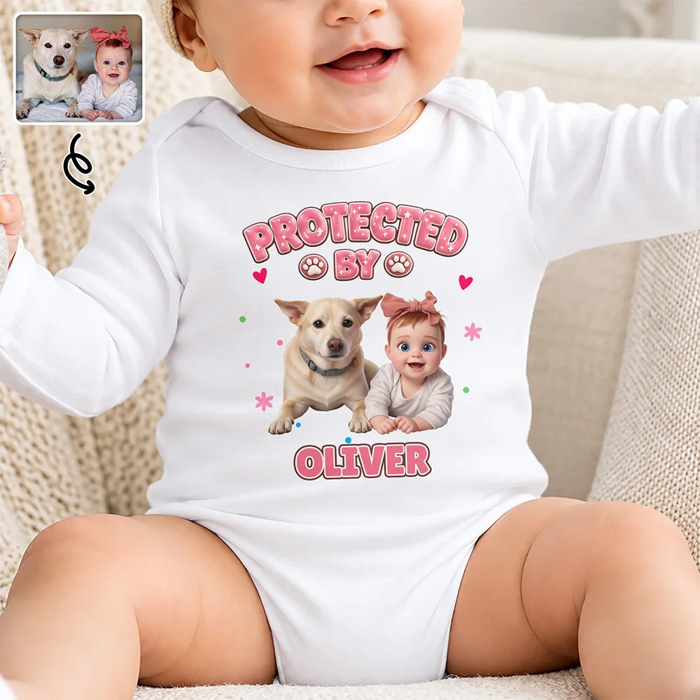Baby Shower Gift For New Mom - Personalized Custom Photo Protected By Cartoon Pet Baby Onesie