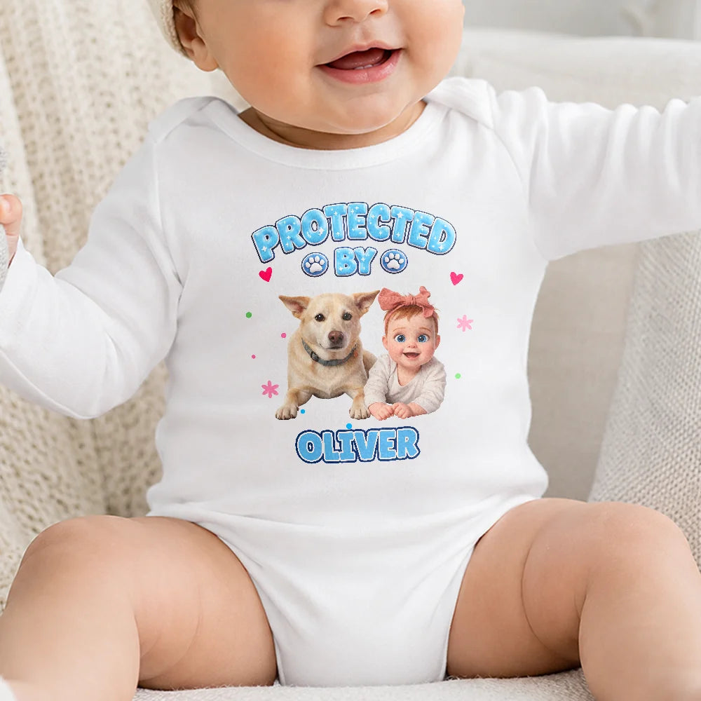 Adorable,Art Design,Custom Photo,New Baby,Pet Lovers,Photo - Cartoon Portrait - Baby Shower Gift For New Mom - Personalized Custom Photo Protected By Cartoon Pet Baby Onesie