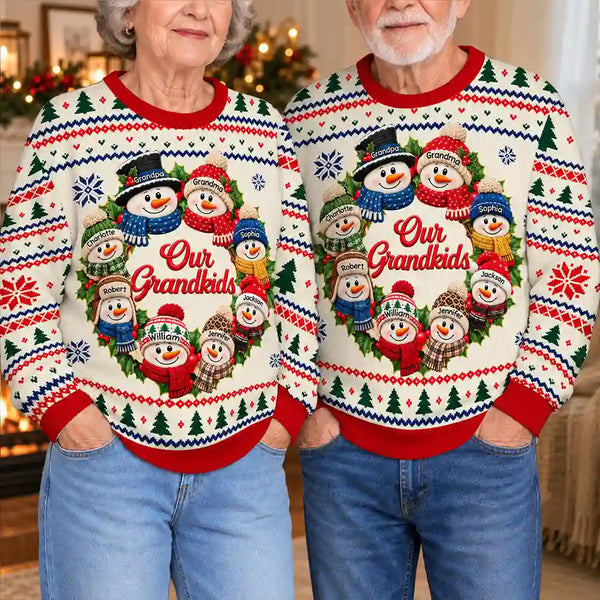 Christmas,Family,Grandparents,Happy,Icon - Christmas Gift For Grandparents - Personalized Snowman Wreath Unisex Ugly Sweater