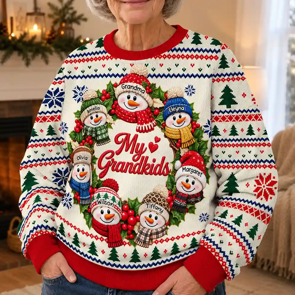 Christmas,Family,Grandparents,Happy,Icon - Christmas Gift For Grandparents - Personalized Snowman Wreath Unisex Ugly Sweater