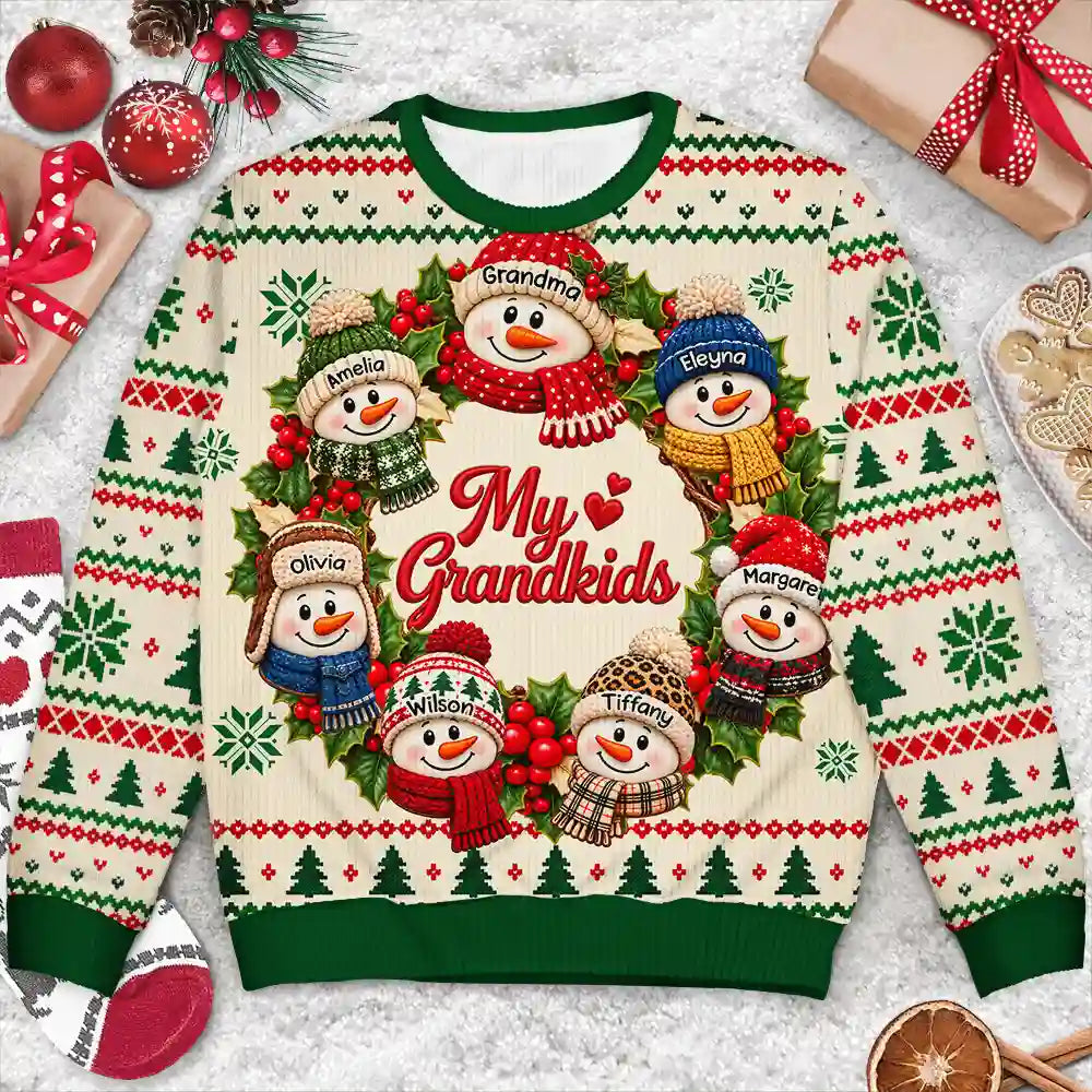 Christmas,Family,Grandparents,Happy,Icon - Christmas Gift For Grandparents - Personalized Snowman Wreath Unisex Ugly Sweater