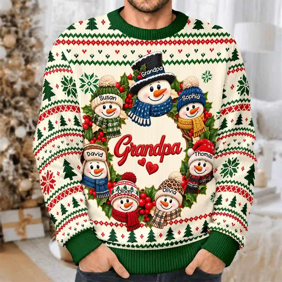Christmas,Family,Grandparents,Happy,Icon - Christmas Gift For Grandparents - Personalized Snowman Wreath Unisex Ugly Sweater